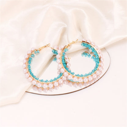 Blue Acrylic and Pearl 18K Gold-Plated Hoop Earrings, vintage-inspired design, detail close-up