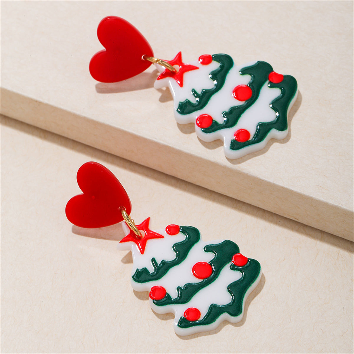 Red and White Heart Christmas Tree Drop Earrings, drop earrings for women, dainty minimalist design, lifestyle look