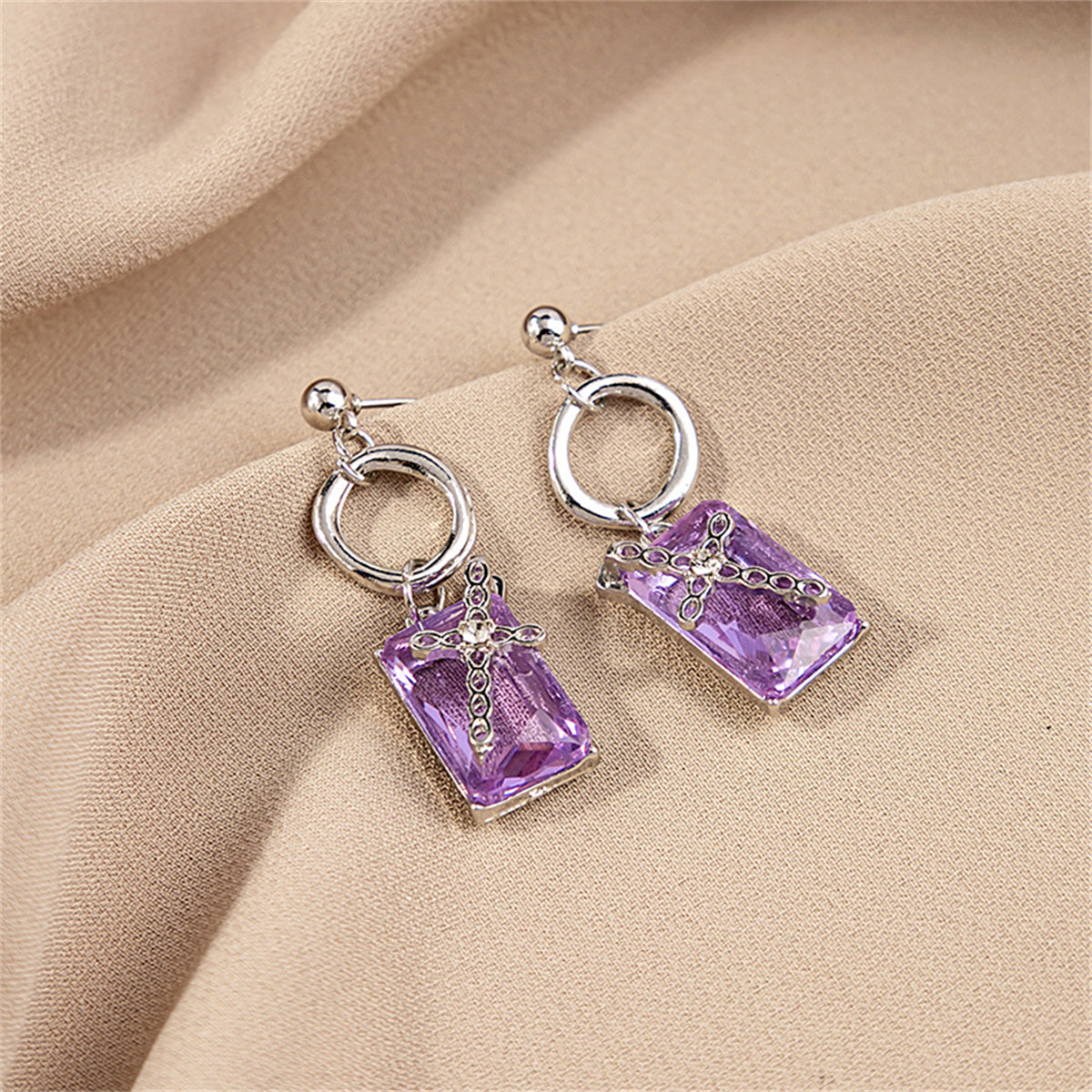 Purple Crystal and Silver-Plated Cross Drop Earrings, silver drop earrings for women, vintage-inspired design, side view