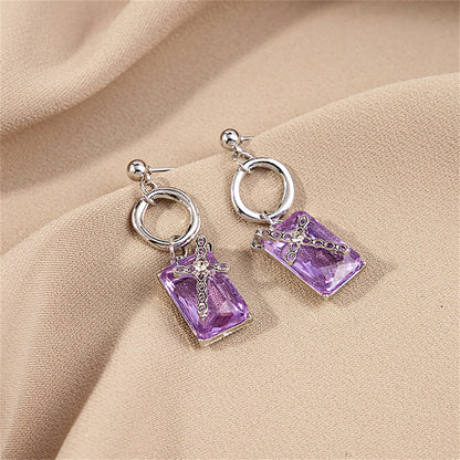 Purple Crystal and Silver-Plated Cross Drop Earrings, silver drop earrings for women, vintage-inspired design, side view