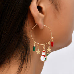 Red Enamel & 18K Gold-Plated Star & Snowman Hoop Earrings