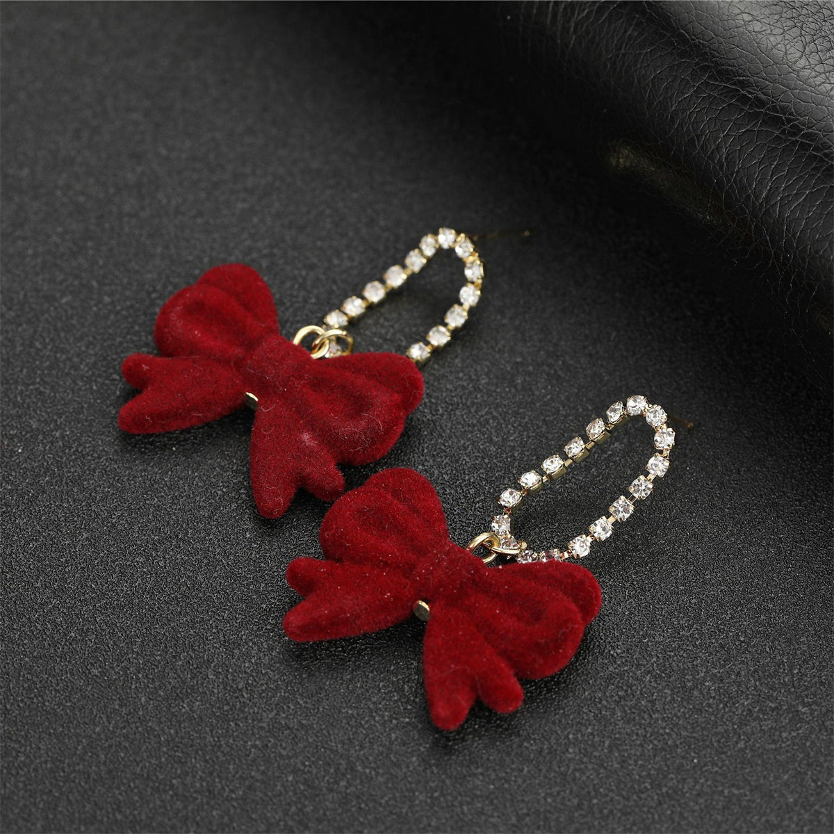 Cubic Zirconia & Wine Red Velvet 18K Gold-Plated Bow Drop Earrings