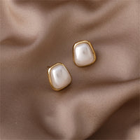 Pearl & 18k Gold-Plated Trapezoid Bezel Stud Earring