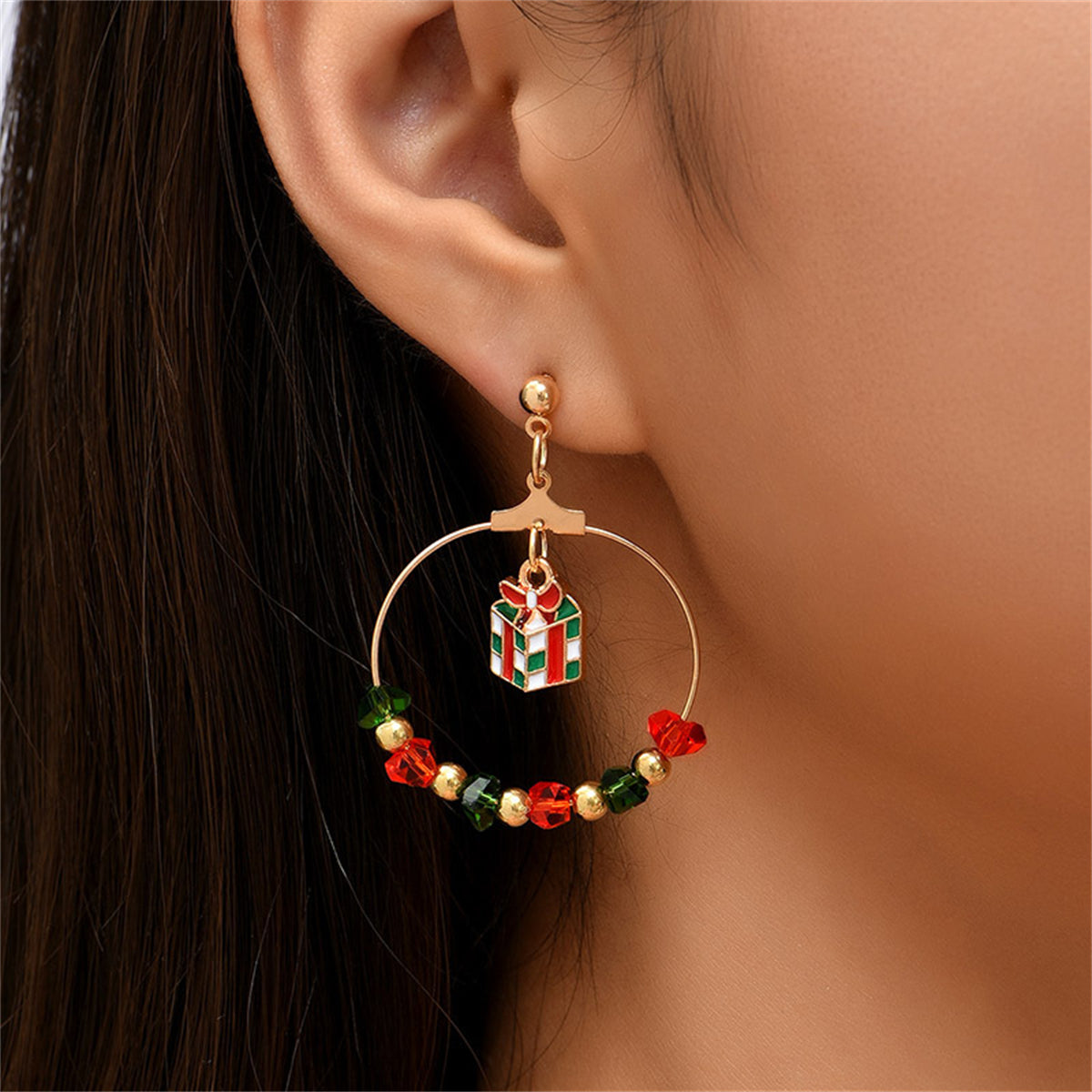 Red Enamel and Acrylic 18K Gold-Plated Gift Box Drop Earrings, gold drop earrings for women, detail close-up