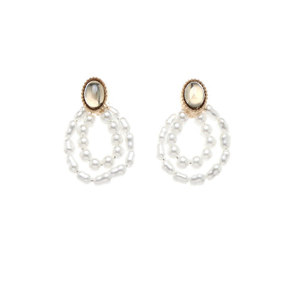 Pearl and Moonstone 18K Gold-Plated Oval Double-Circle Drop Earrings, gold drop earrings for women, styled look