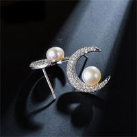 Cubic Zirconia & Pearl Silver-Plated Crescent Stud Earrings