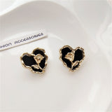 Black Enamel & 18k Gold-Plated Rose Heart Stud Earrings