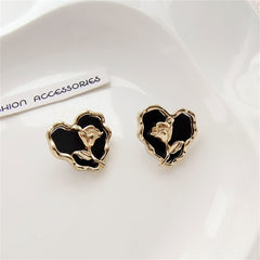 Black Enamel & 18K Gold-Plated Rose Heart Stud Earrings