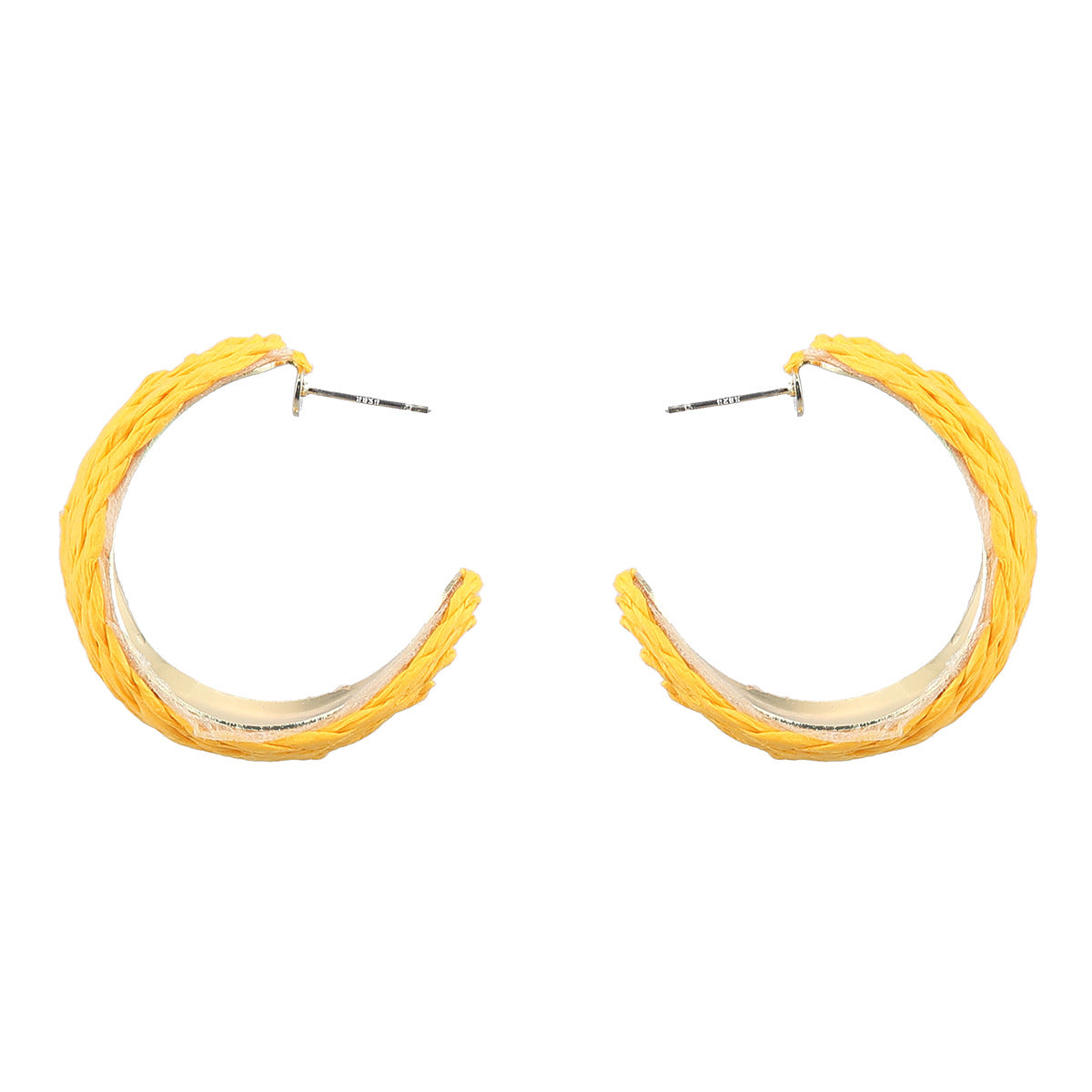 Yellow Raffia and 18K Gold-Plated Huggie Earrings, gold huggie earrings, elegant gift for her, detail close-up