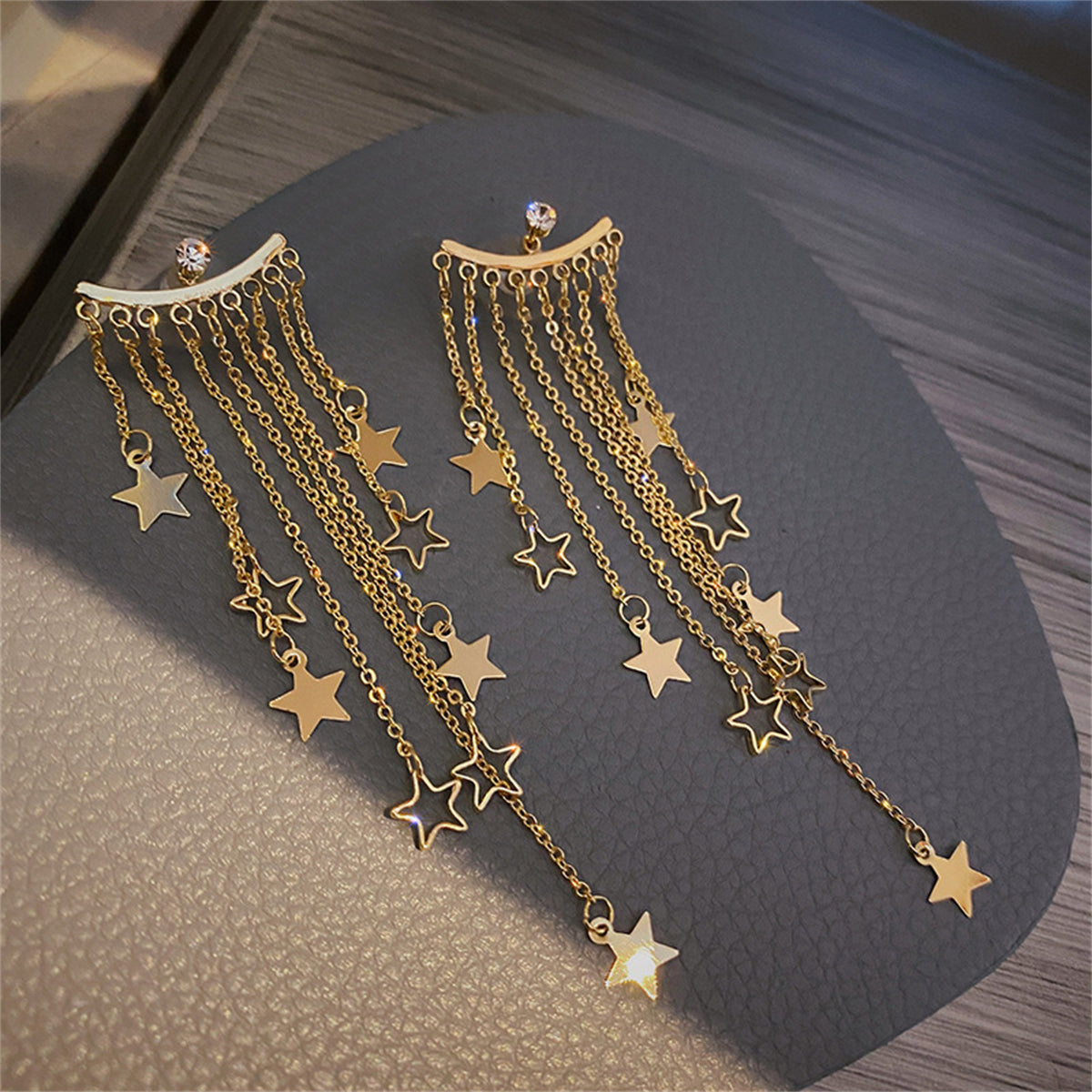 Cubic Zirconia and 18K Gold-Plated Star Tassel Ear Jackets, gold drop earrings for women, botanical inspired, side view
