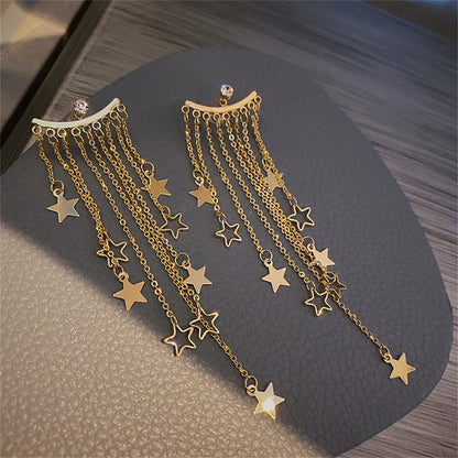 Cubic Zirconia and 18K Gold-Plated Star Tassel Ear Jackets, gold drop earrings for women, botanical inspired, side view
