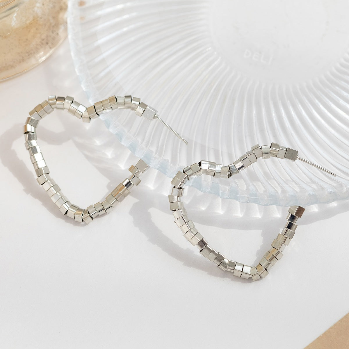 Silver-Plated Heart Hoop Earrings, silver drop earrings for women, botanical inspired, styled look