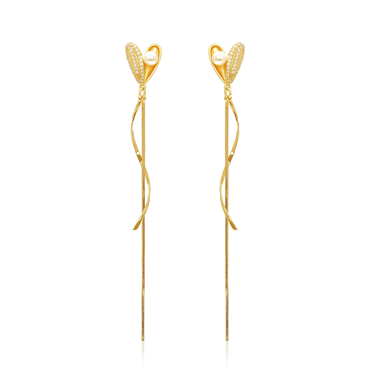 Pearl & Cubic Zirconia 18K Gold-Plated Heart Tassel Drop Earrings