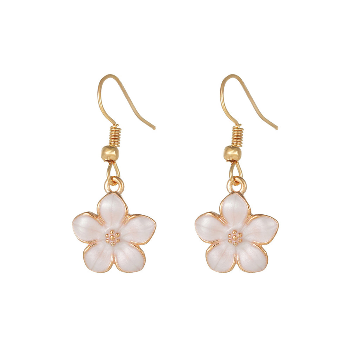 White Enamel and 18K Gold-Plated Flower Drop Earrings, gold drop earrings for women, everyday style, detail close-up