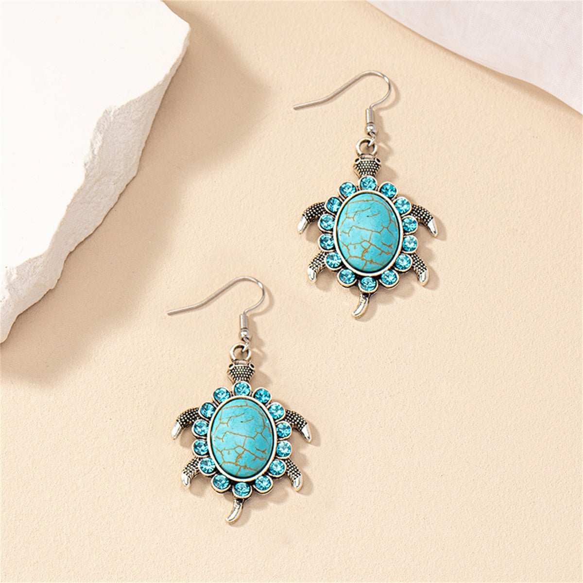 Blue Cubic Zirconia and Turquoise Sea Turtle Drop Earrings, drop earrings for women, everyday style, styled look