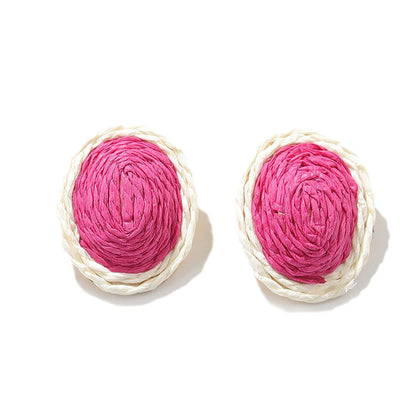 Rose and White Raffia Oval Stud Earrings, stud earrings for women, vintage-inspired design, side view
