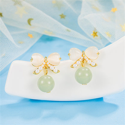 Quartz and Pearl 18K Gold-Plated Heart Bow Drop Earrings, gold drop earrings for women, lifestyle look