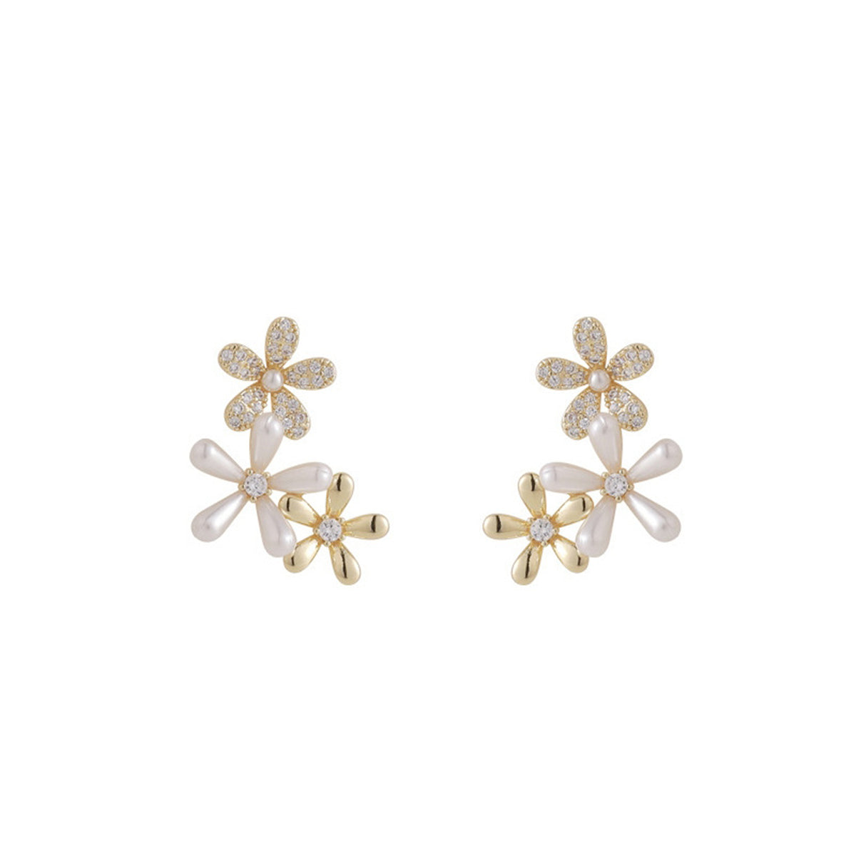 Clear Cubic Zirconia and Pearl Tri-Flower Stud Earrings, stud earrings for women, vintage-inspired design, styled look