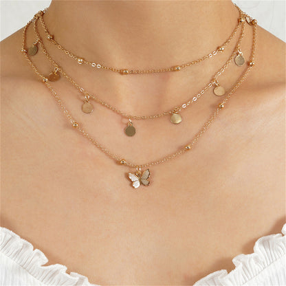 18K Gold-Plated Butterfly Layered Station Necklace, gold pendant necklace for women, botanical inspired, front view