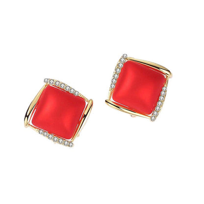 Red Resin and Cubic Zirconia Rhombus Stud Earrings, stud earrings for women, vintage-inspired design, front view