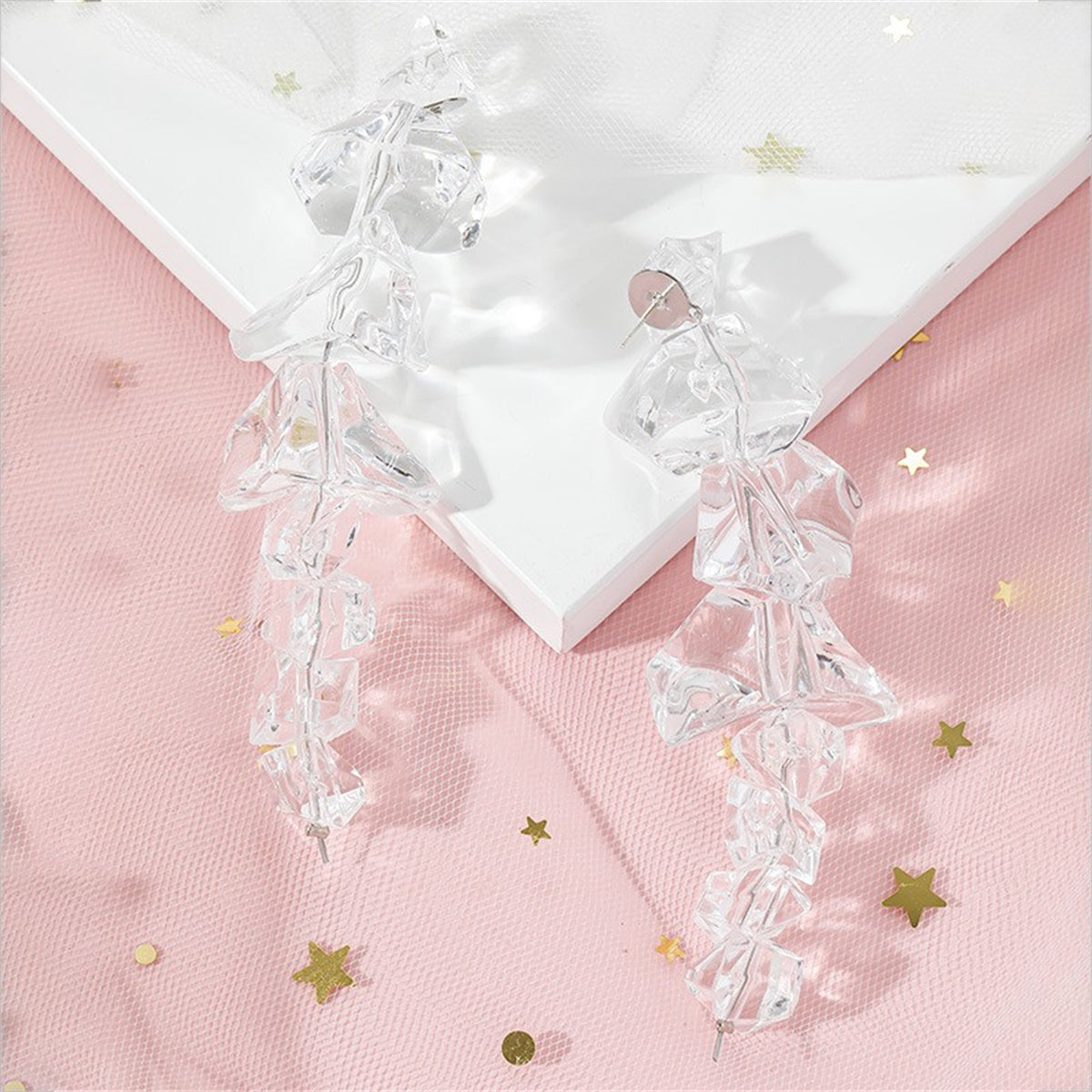 Clear Acrylic and Silver-Plated Icicle Drop Earrings, silver drop earrings for women, botanical inspired, detail close-up