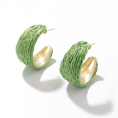 Green Raffia and 18K Gold-Plated Huggie Earrings, gold huggie earrings, elegant gift for her, side view