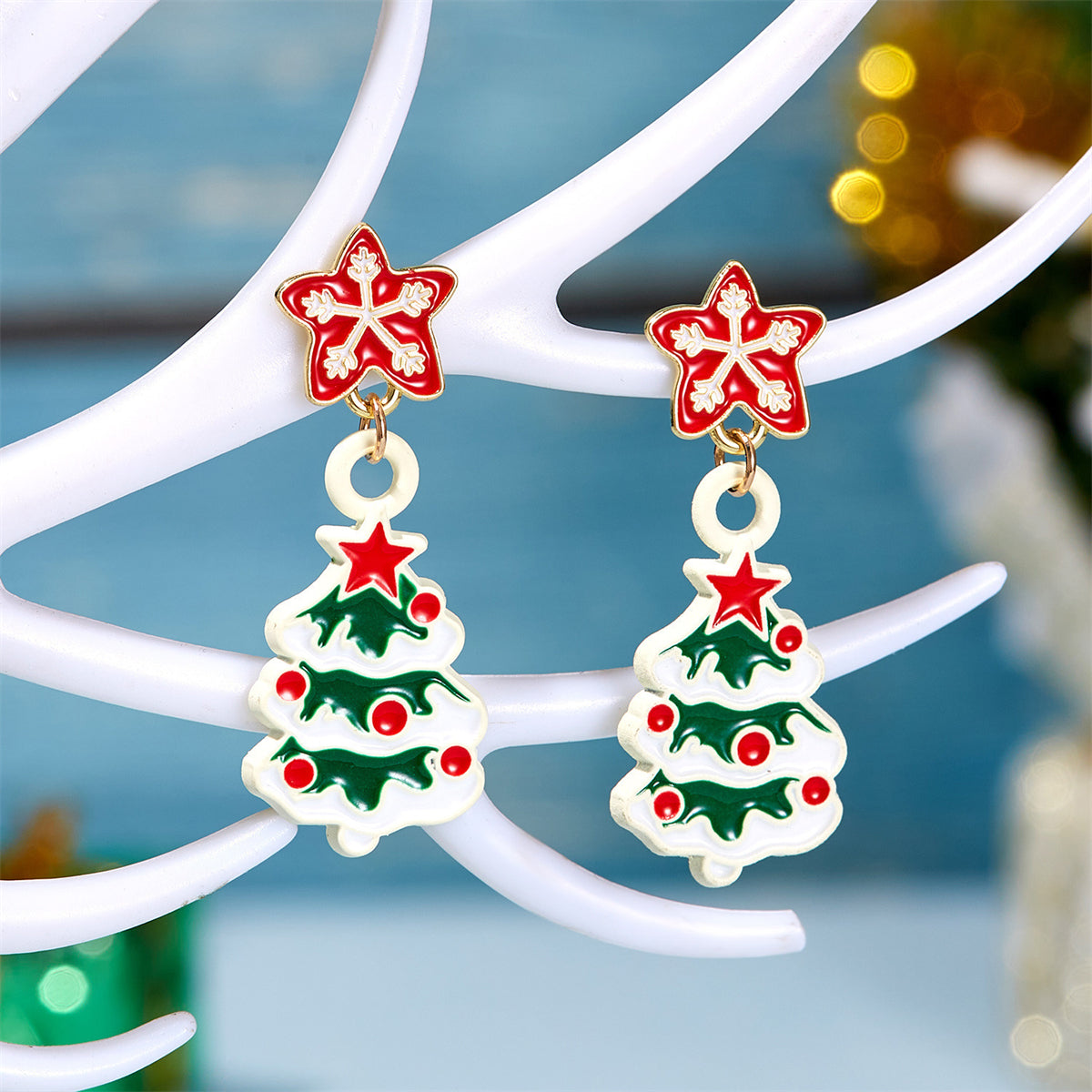 Enamel and 18K Gold-Plated Christmas Tree Dangle Earring, gold drop earrings for women, dainty minimalist design, front view