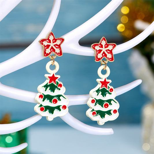 Enamel and 18K Gold-Plated Christmas Tree Dangle Earring, gold drop earrings for women, dainty minimalist design, front view