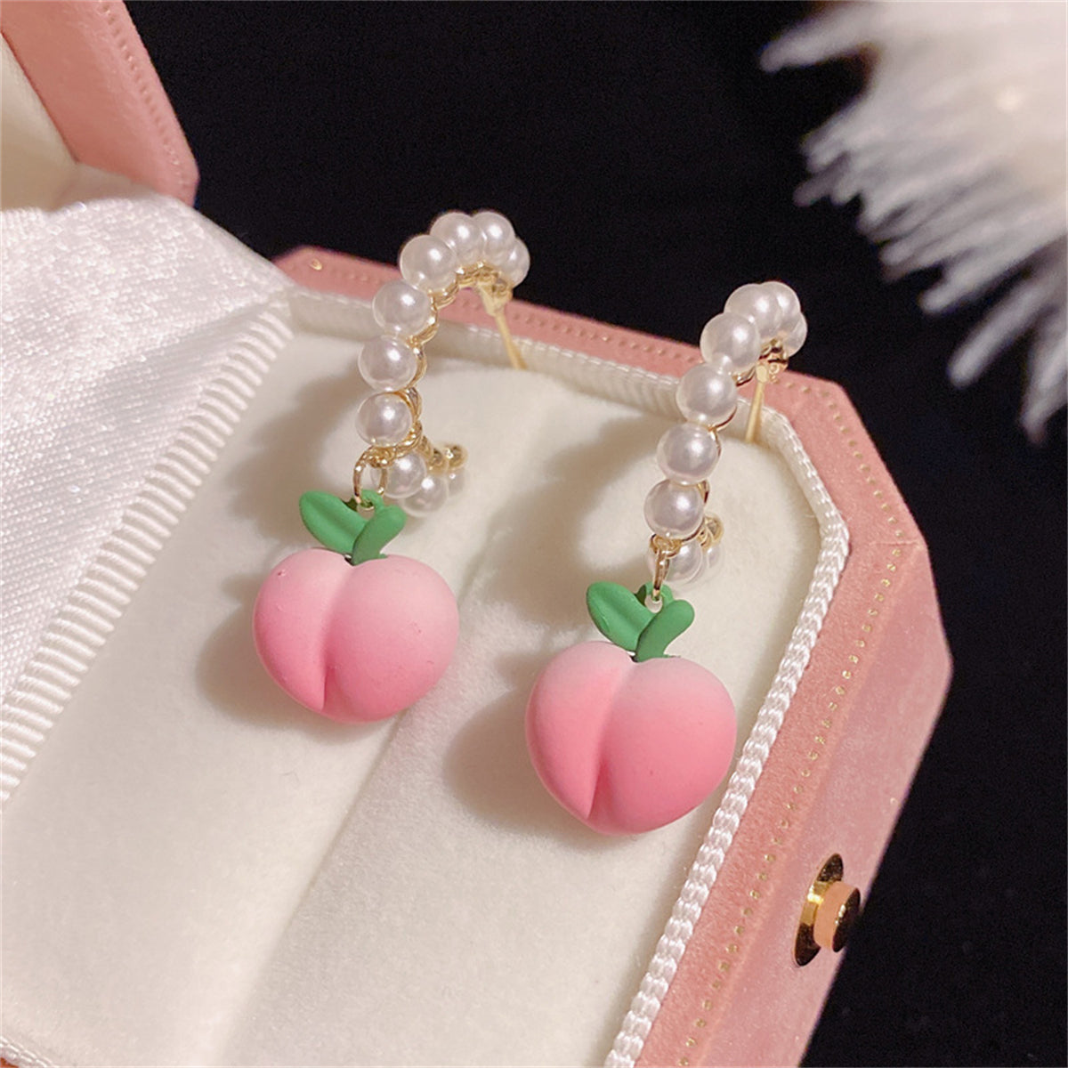 Pink Enamel & Pearl 18K Gold-Plated Peach Drop Huggie Earrings