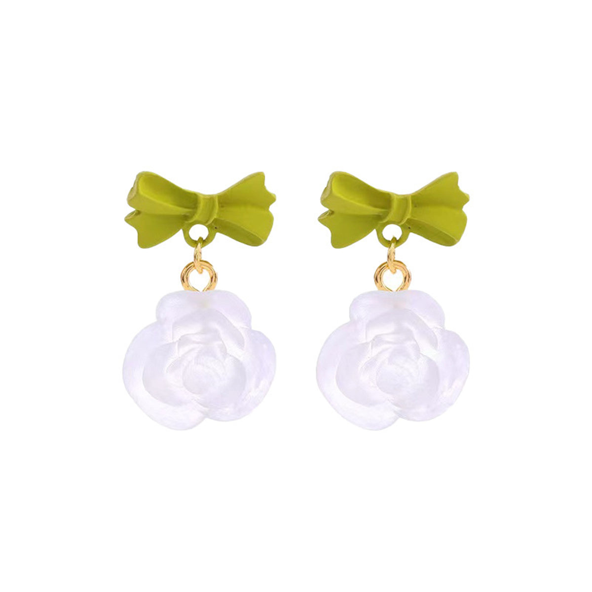 Green & Translucent Bow & Rose Drop Earrings