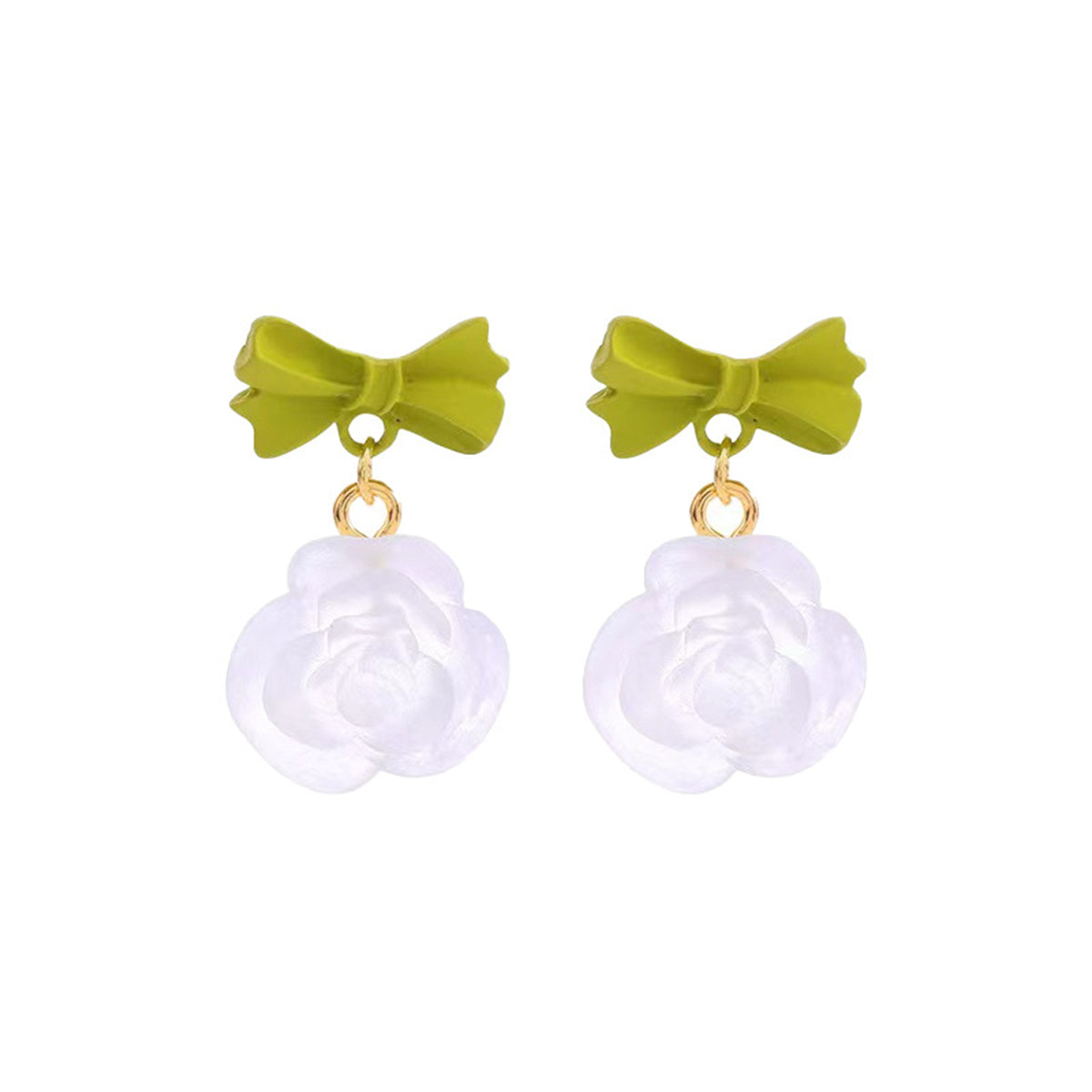 Green and Translucent Bow and Rose Drop Earrings, drop earrings for women, vintage-inspired design, front view
