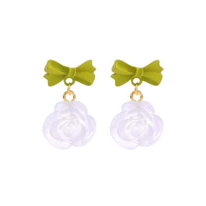 Green and Translucent Bow and Rose Drop Earrings, drop earrings for women, vintage-inspired design, front view