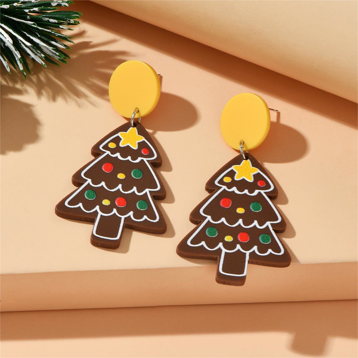 Yellow and 18K Gold-Plated Tree Cookie Drop Earrings, gold drop earrings for women, dainty minimalist design, lifestyle look