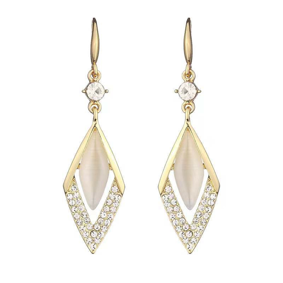 Cat's Eye and Cubic Zirconia 18K Gold-Plated Rhombus Drop Earrings, gold drop earrings for women, lifestyle look