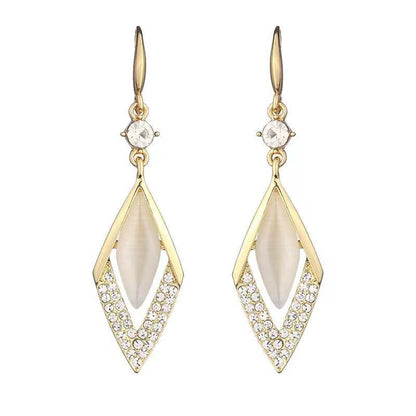 Cat's Eye and Cubic Zirconia 18K Gold-Plated Rhombus Drop Earrings, gold drop earrings for women, lifestyle look