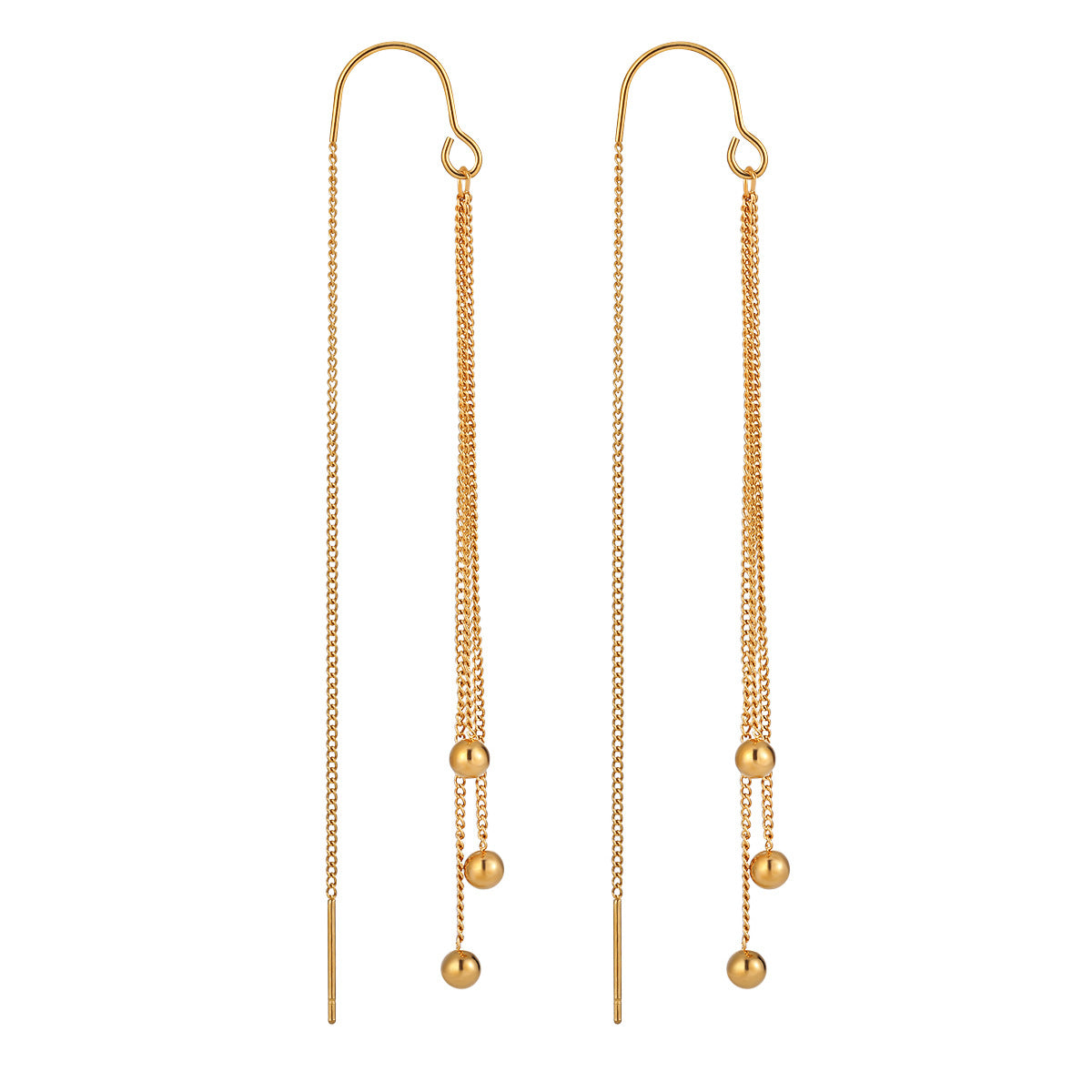 Trendy 18K gold-plated beaded threader earrings featuring two elegant balls, a must-have accessory for any fashion lover.