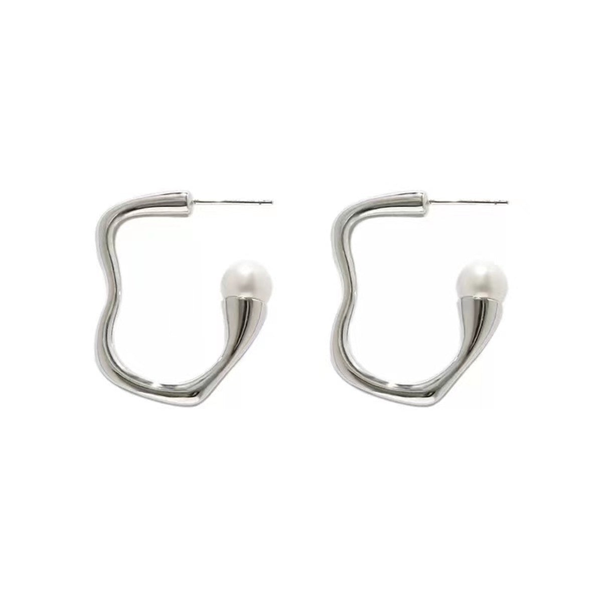 Pearl and Silver-Plated Curved Hoop Earring, silver stud earrings for women, dainty minimalist design, side view