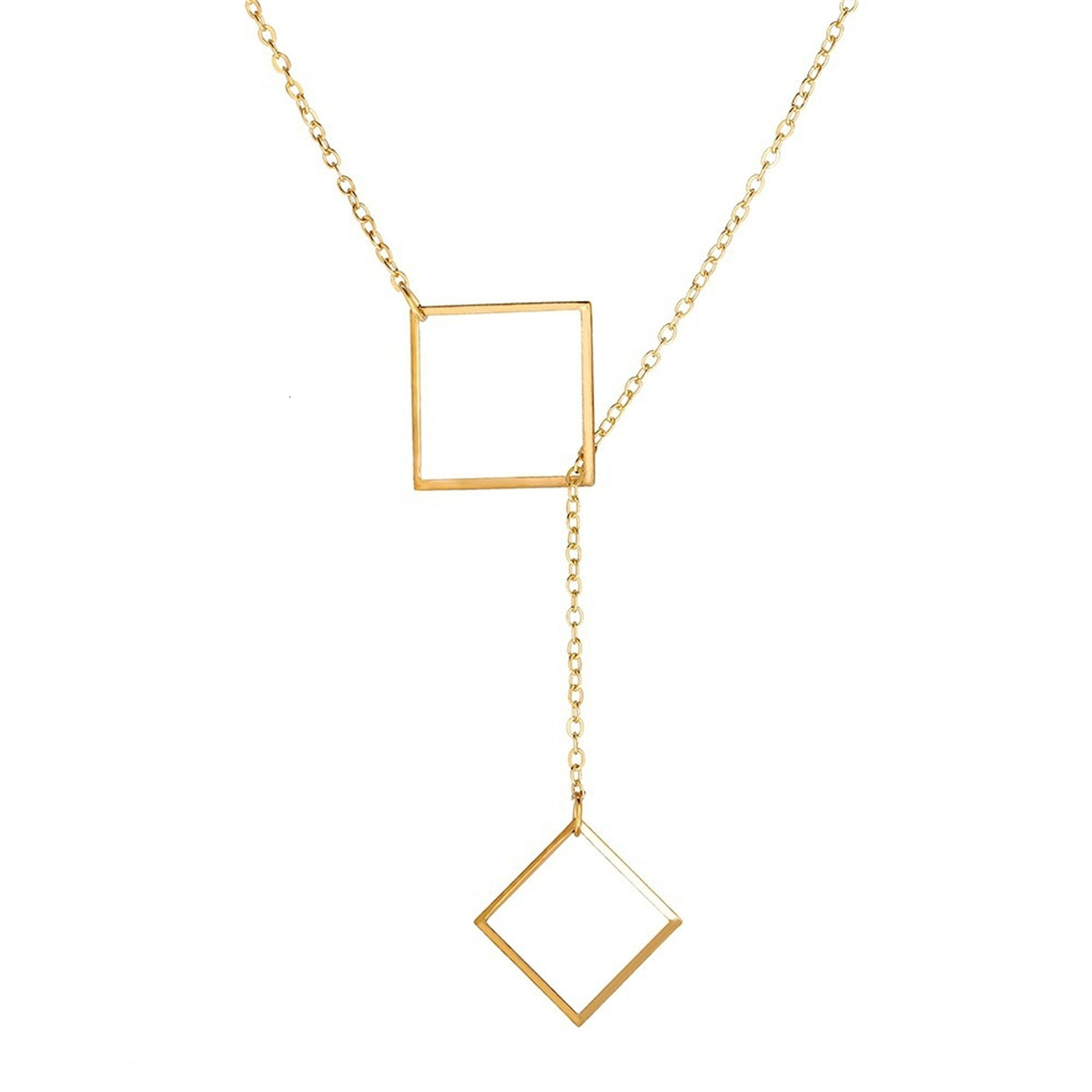 18K Gold-Plated Open Square Lariat Necklace, gold pendant necklace for women, botanical inspired, front view