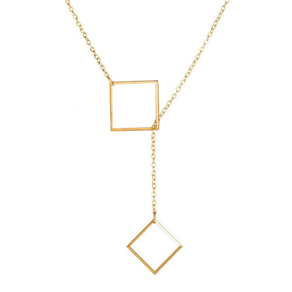 18K Gold-Plated Open Square Lariat Necklace, gold pendant necklace for women, botanical inspired, front view