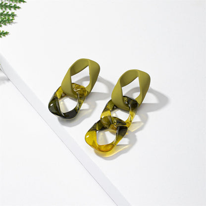 Green Acrylic and Silver-Plated Mismatched Chain Drop Earrings, silver drop earrings for women, detail close-up