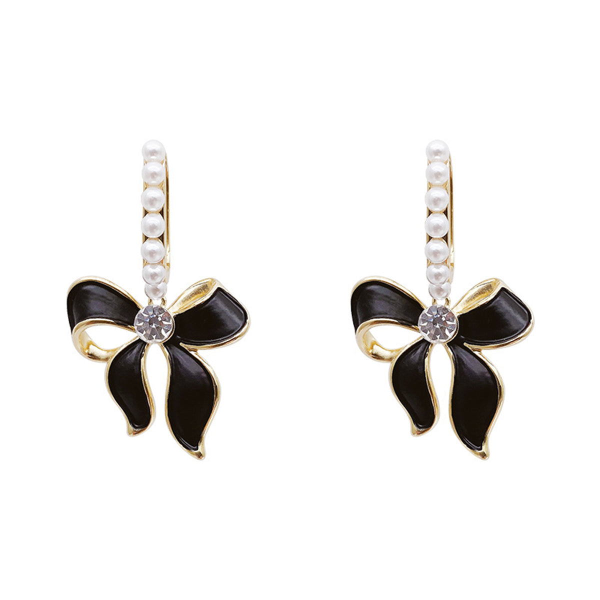 Black Enamel and Pearl Cubic Zirconia-Accent 18K Gold-Plated Bow Drop Earrings, gold drop earrings for women, styled look