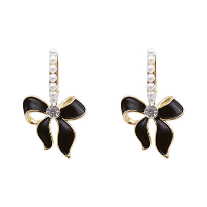 Black Enamel and Pearl Cubic Zirconia-Accent 18K Gold-Plated Bow Drop Earrings, gold drop earrings for women, styled look