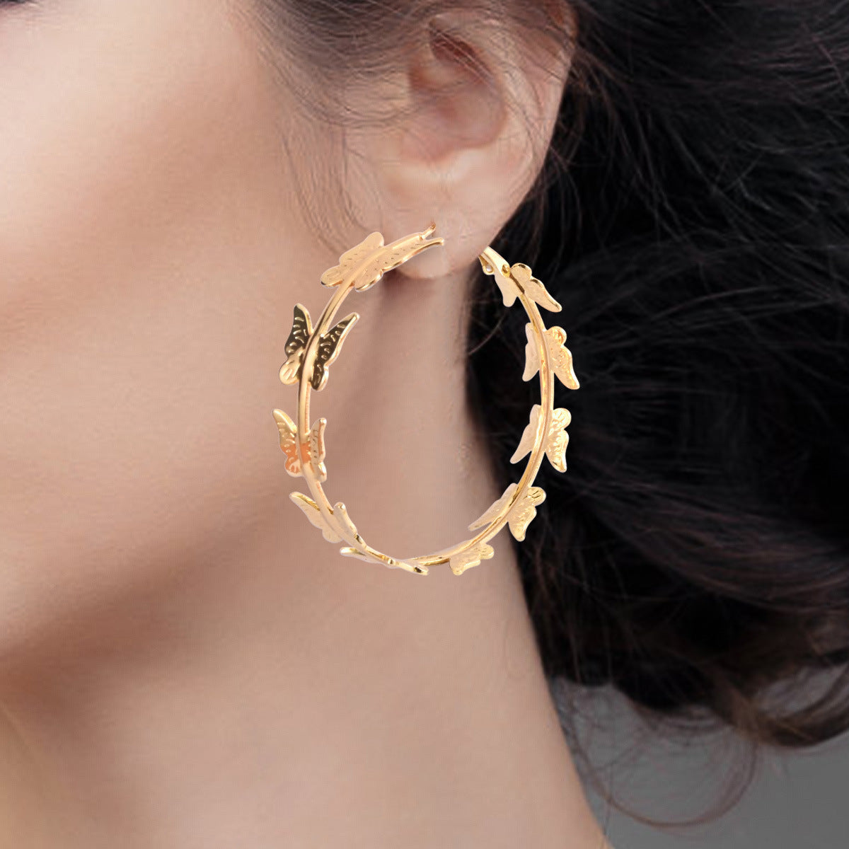 18K Gold-Plated Butterfly Hoop Earrings, vintage-inspired design, side view