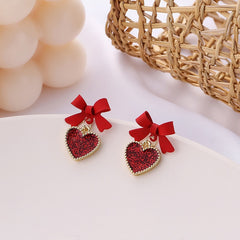 Red Enamel & 18K Gold-Plated Bow Heart Drop Earrings