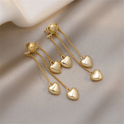 18K Gold-Plated Heart Tassel Drop Earrings, gold drop earrings for women, vintage-inspired design, lifestyle look