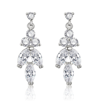 Crystal and Cubic Zirconia Silver-Plated Leaves Drop Earrings, silver drop earrings for women, detail close-up