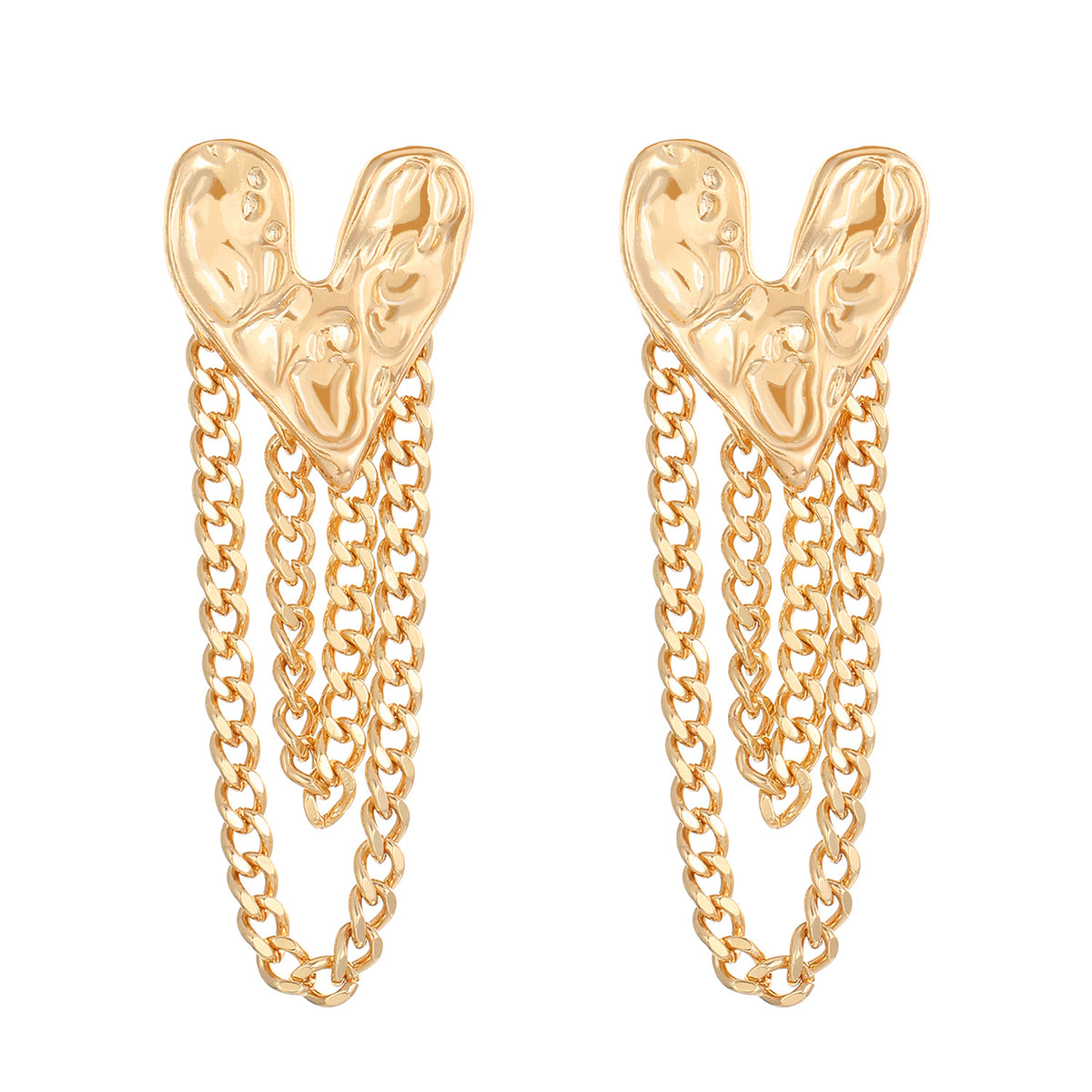 18K Gold-Plated Heart Chain Drop Earrings, gold drop earrings for women, botanical inspired, front view