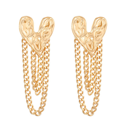 18K Gold-Plated Heart Chain Drop Earrings, gold drop earrings for women, botanical inspired, front view