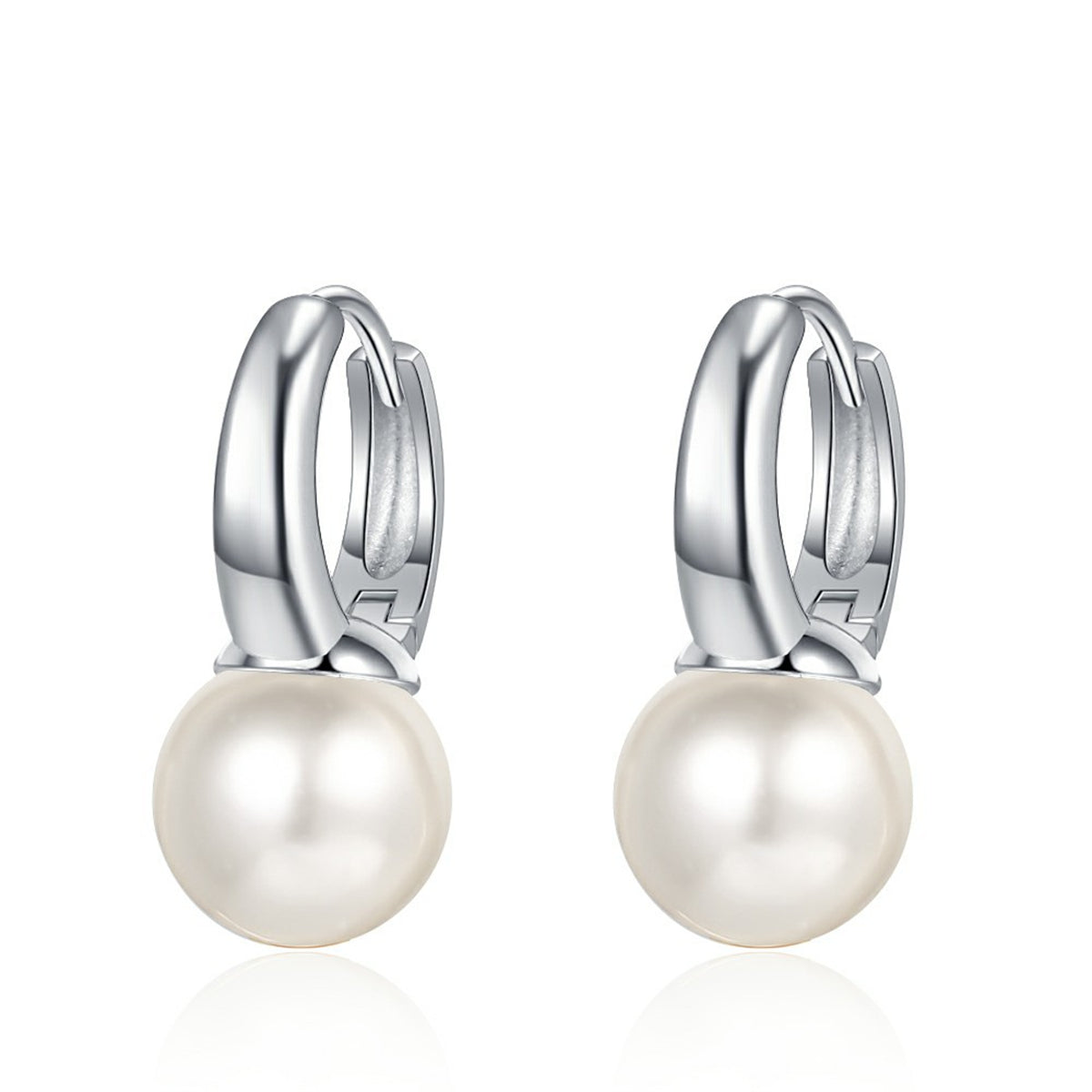 Pearl and Silver-Plated Huggie Earrings, silver huggie earrings, vintage-inspired design, front view