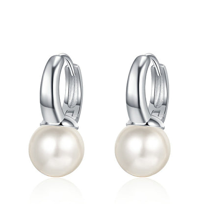Pearl and Silver-Plated Huggie Earrings, silver huggie earrings, vintage-inspired design, front view